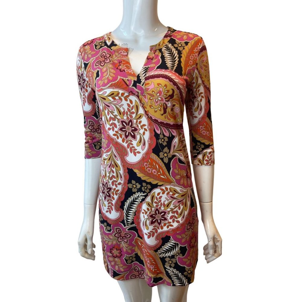 Banana Republic Womens Paisley Print Shift Dress Split V Neck Pink Orange SZ XS